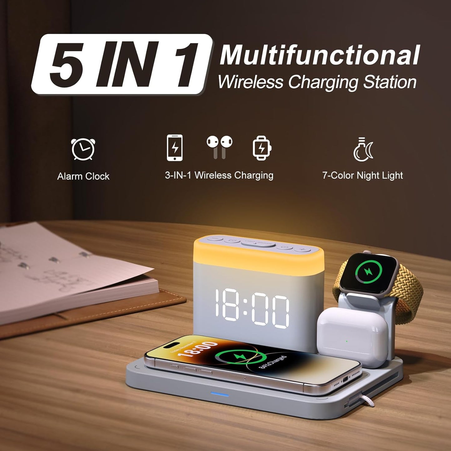 ANJANK Wireless Charging Station,5 in 1 Multiple Charger Stand with Alarm Clock,7 Night Light,Magnetic Charging Dock for iPhone 17 16 15 14 13 12 Pro Max Plus,Apple Watch 11/10/9/8,for Airpods,Bedroom