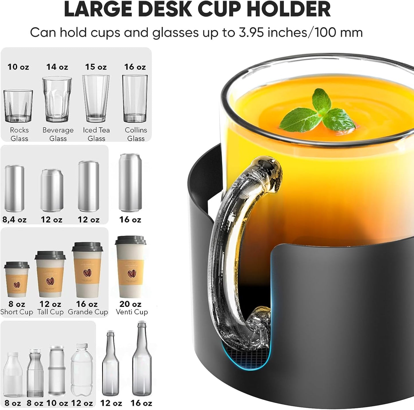 Deeper Desk Cup Holder, OOKUU Anti-Spill Cup Holder for Desk or Table, Sturdy and Durable, Easy to Install, Enough to Hold Coffee Cups, Water Bottles, Gaming PC Office Accessories, Black