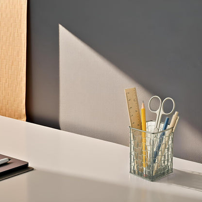 Qomamount Acrylic Pen Holder,Clear Makeup Brush Holder with Woven Texture,Transparent Stylish Pencil Holder for Desk,Pen Cup Organizer Caddy for Office,Home,or Cosmetic(Clear Black)