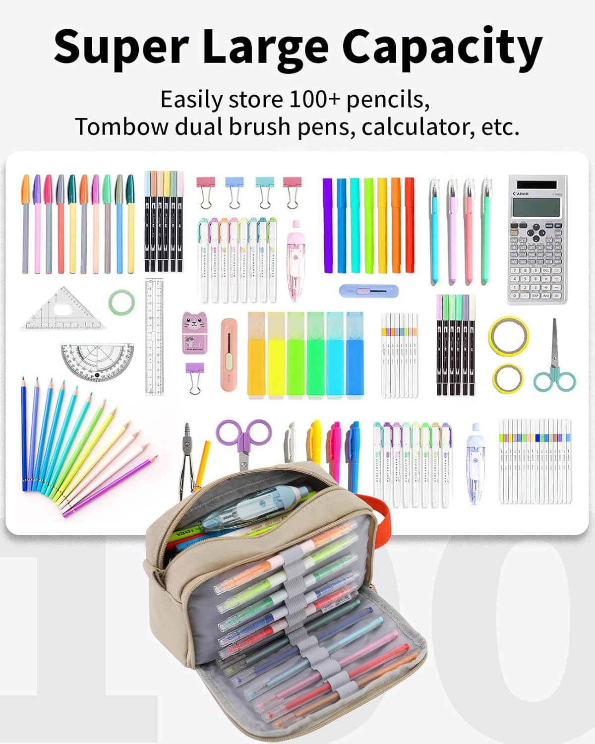 Sooez Original High Capacity Pencil Case, Big Pencil Bag Pouch Box Organizer Pen Case, Aesthetic Supply for Girls Adults, Portable Journaling Supplies with Easy Grip Handle & Loop, Mint Green