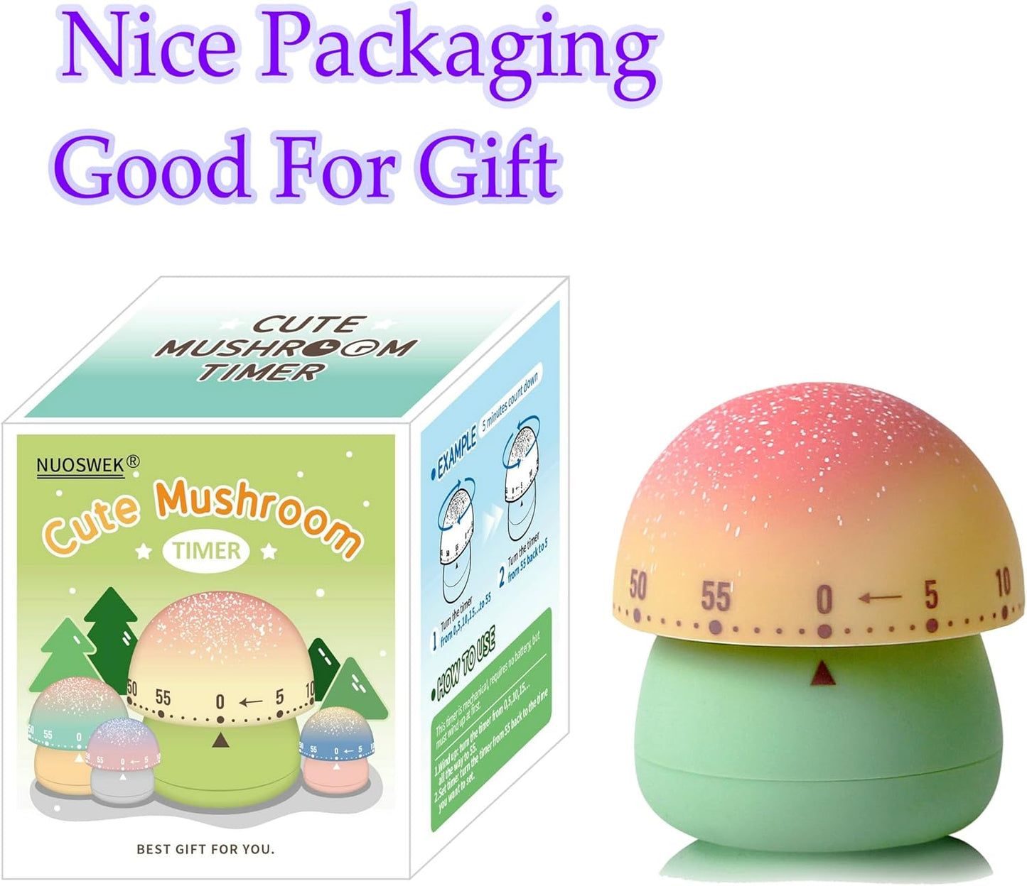 Mechanical Kitchen Timer, Cute Mushroom Timer for Kids, Wind Up 60 Minute Manual Countdown Timer for Classroom, Home, Study and Cooking (Grey Base)