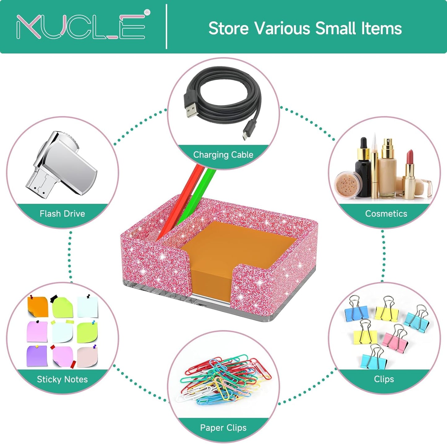 Sticky Note Holder, Glitter Pink Acrylic Notepad Holder 3x3 in Self-Stick Note Dispenser Office Desk Accessories, Memo Pad Holder Organizer for Classroom School Supplies