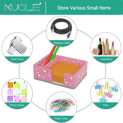 Sticky Note Holder, Glitter Pink Acrylic Notepad Holder 3x3 in Self-Stick Note Dispenser Office Desk Accessories, Memo Pad Holder Organizer for Classroom School Supplies