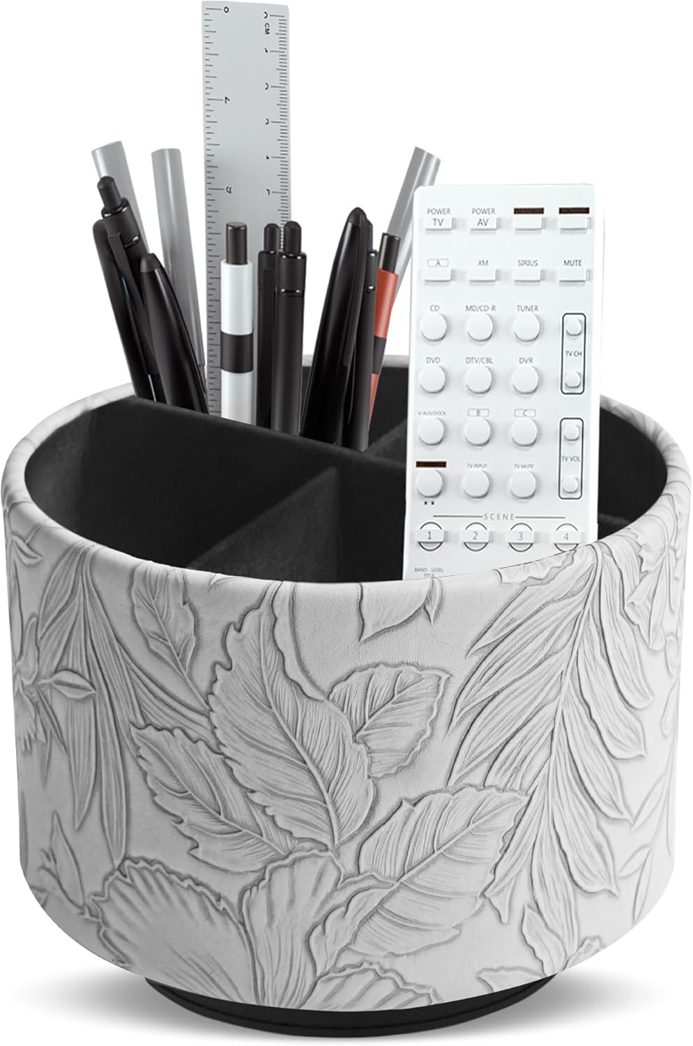Round Leather Art Supply Organizer,Remote Control Holder,360 Degree Rotating,Multi-Functional Pencil Holder,4 Compartments Desktop Stationary Organizer(1-Fractal Flower) | Round - Colors A