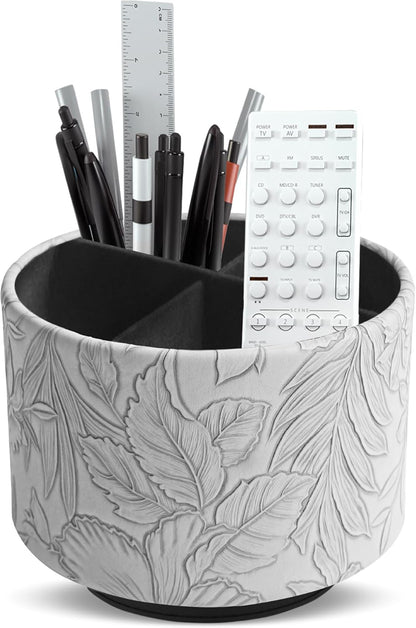 Round Leather Art Supply Organizer,Remote Control Holder,360 Degree Rotating,Multi-Functional Pencil Holder,4 Compartments Desktop Stationary Organizer(1-Fractal Flower) | Round - Colors A