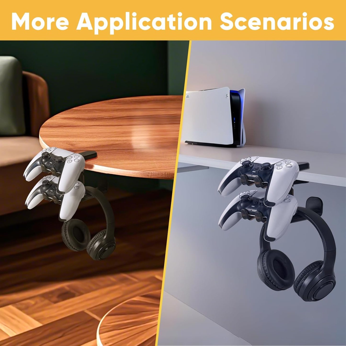 Under Desk Headphone Hanger with Strong Adhesive and Screws Mount, 360° Rotatable Dual Headset Holder Stand, Aluminum Metal Adjustable Headphone Hook, Perfect for Home Gaming & Office - Black
