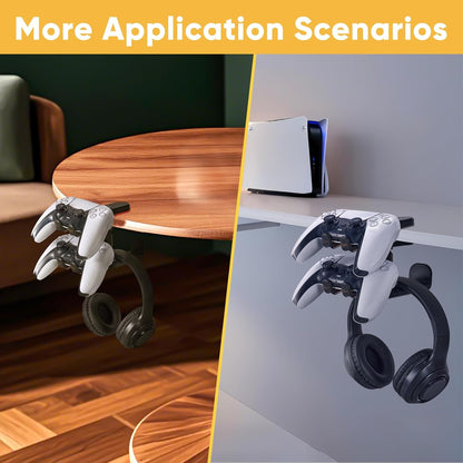 Under Desk Headphone Hanger with Strong Adhesive and Screws Mount, 360° Rotatable Dual Headset Holder Stand, Aluminum Metal Adjustable Headphone Hook, Perfect for Home Gaming & Office - Black