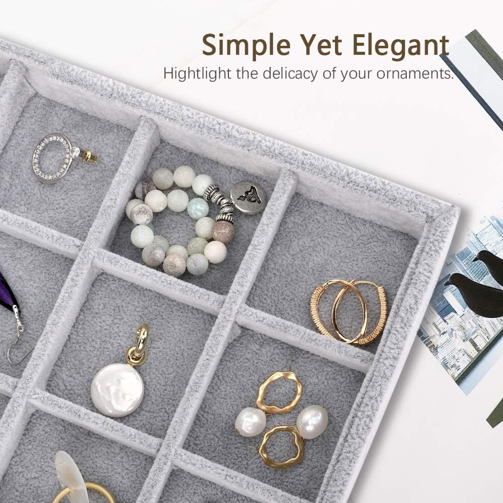 Emibele Glasses Organizer Jewelry Tray, 8 Grids with Clear Lid Velvet Tray Watch Storage Stackable Jewelry Showcase Display Storage with Detachable Inner Dividers, Beige