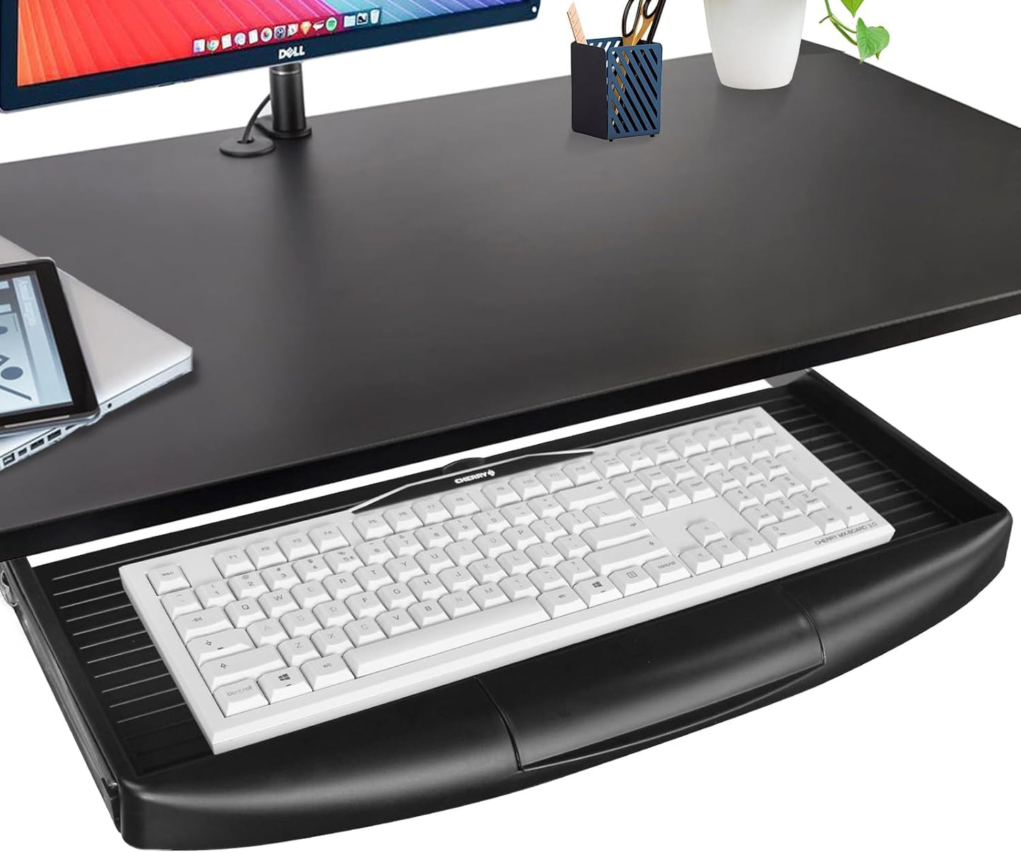 TOOCUST Under Desk Keyboard Tray, 20" Wx11"D Sturdy Key Board Tray Under Desk Slide with Pen Tray, Desk Extender with Pen Holder,Black