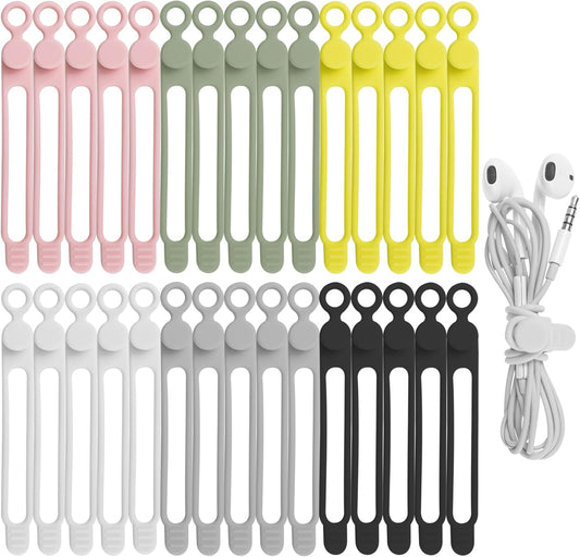 24Pcs Silicone Cable Straps Cord Organizer for Bundling Earphone, Phone Charger, Computer Cords, Reusable Cable Ties Wire Organizer in Home,Office,Kitchen,School (4 Colors)