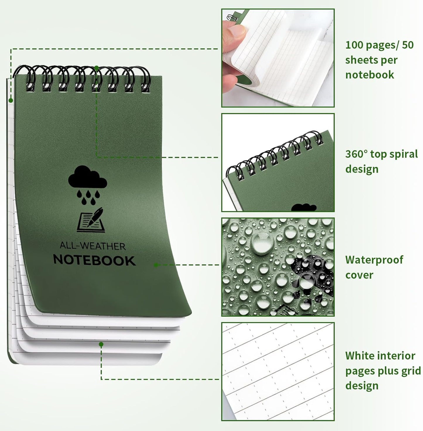 COIDEA 3 Pack Waterproof Notebook, 3 x 5 Pocket Notepad, All Weather Small Pocket Notebook Paper, Mini Spiral Notepad Police Notepad 100 Lined Pages for Outdoor Office