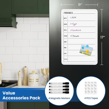 Weekly Whiteboard Calendar for Wall, Small 11" x 17" Planning Board with Plastic Frame, Hanging Dry Erase Calendar for Kitchen Planner, Home, Office