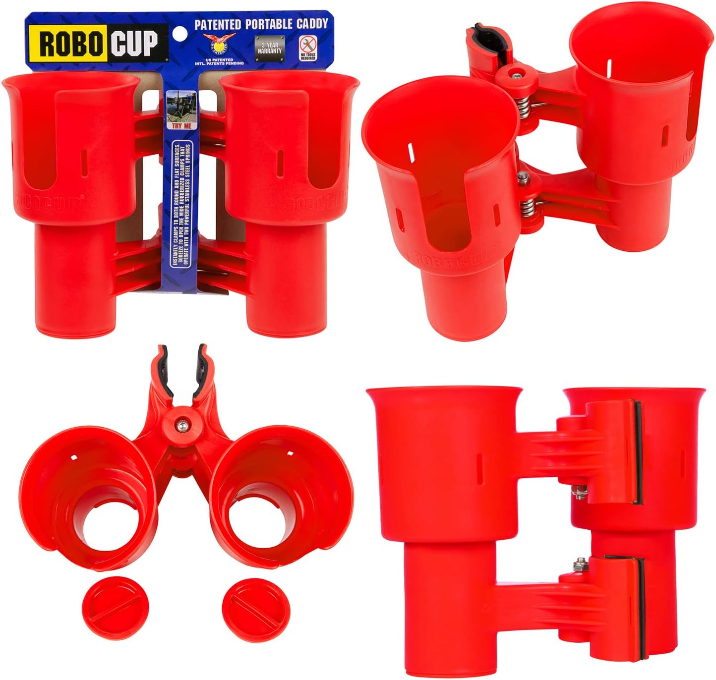 ROBOCUP, (White), Patented Clamp On Boat Cup Holder |Multifunction Dual Drink Caddy for Fishing Poles, Tools, Net, Gaff |Portable Storage for Boating, Beach, Umbrellas, Golf Carts, Strollers