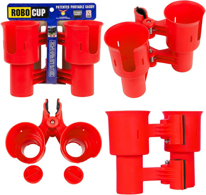 ROBOCUP, (White), Patented Clamp On Boat Cup Holder |Multifunction Dual Drink Caddy for Fishing Poles, Tools, Net, Gaff |Portable Storage for Boating, Beach, Umbrellas, Golf Carts, Strollers