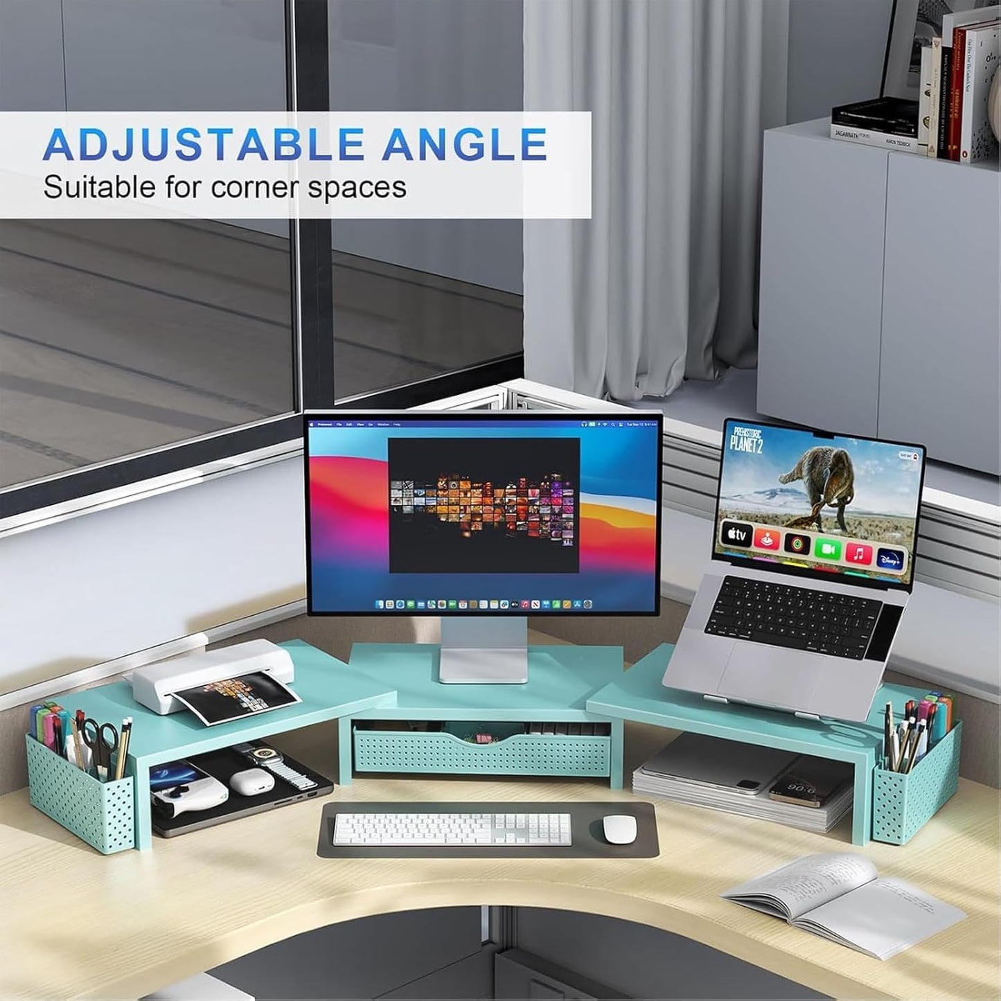 gianotter Dual Monitor Stand Riser, Desk Organizer With Drawer and 2 Pen Holders,Computer Monitor Stand, Desk Shelf for Top of Desk, Wood