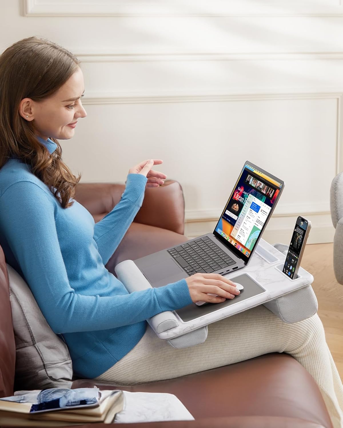 HUANUO Lap Desk - Fits up to 17 inches Laptop Desk, Built in Mouse Pad & Wrist Pad for Notebook, Laptop, Tablet, Lap Stand with Tablet, Pen & Phone Holder, Wood Grain