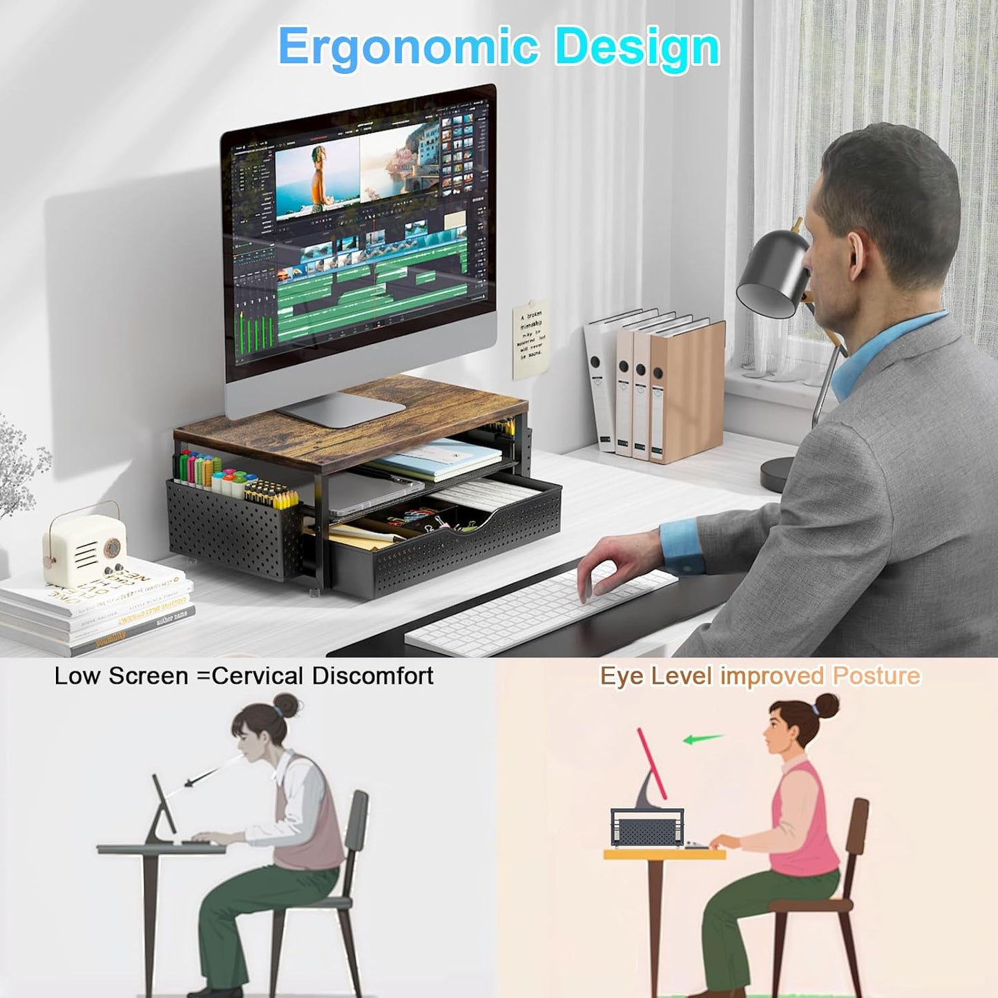 gianotter Monitor Stand Riser, Office Desk Shelf Organizer, Desk Organizer with Drawer and Pen Holder, 2-Tier Computer Stand, Office Organization (Ink)