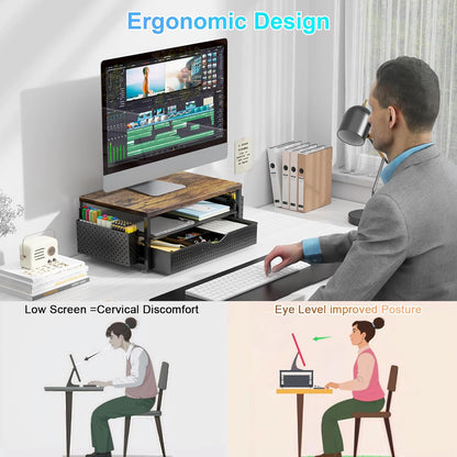 gianotter Monitor Stand Riser, Office Desk Shelf Organizer, Desk Organizer with Drawer and Pen Holder, 2-Tier Computer Stand, Office Organization (Ink)