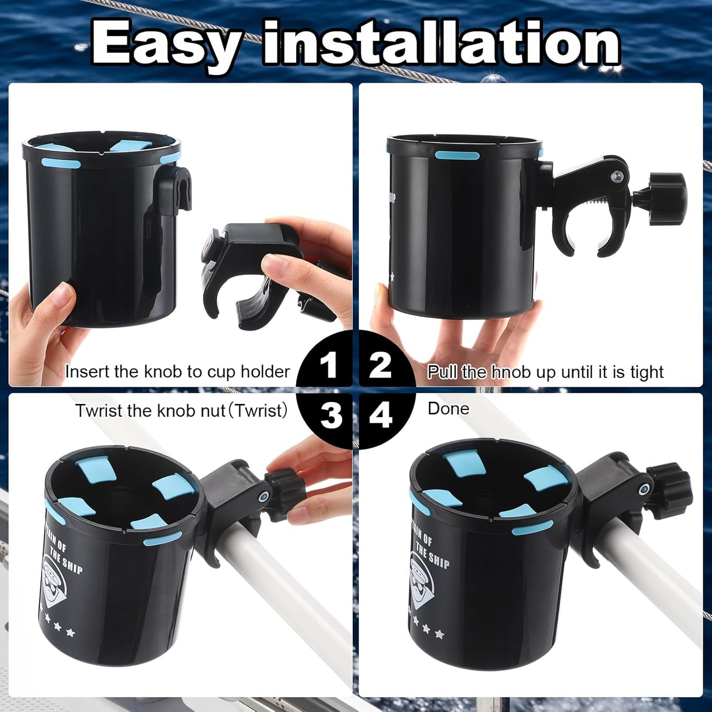 Teenyyou Marine Boat Rail Cup Holder No Drilling Drink Holder Clamp on Kayak Cup Holders Boat Accessories Gifts Install on Pole Grip Rail Grab Bar for Men
