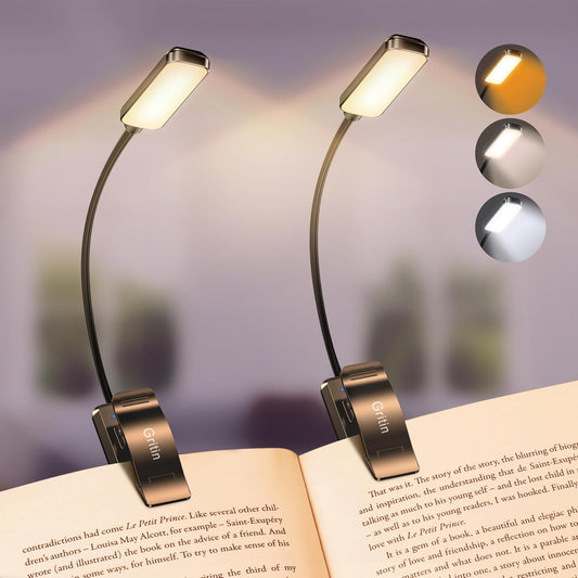 Gritin 9 LED Rechargeable Book Light for Reading in Bed - Eye Caring 3 Color Temperatures,Stepless Dimming Brightness,80 Hrs Runtime Small Lightweight Clip On Book Reading Light for Studying