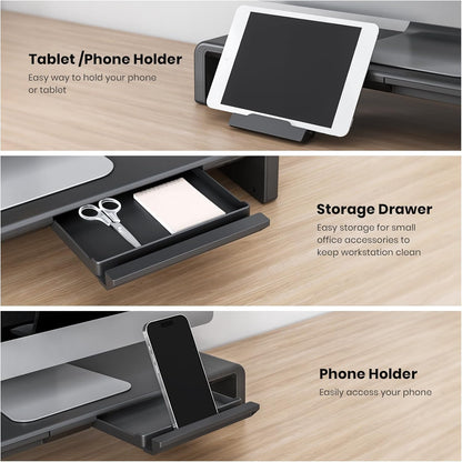 Klearlook Computer Monitor Stand for Desk, Adjustable Foldable Monitor Riser with Storage Drawer & Tablet Phone Holder for Office, Home, Laptop, Desktop (Black)