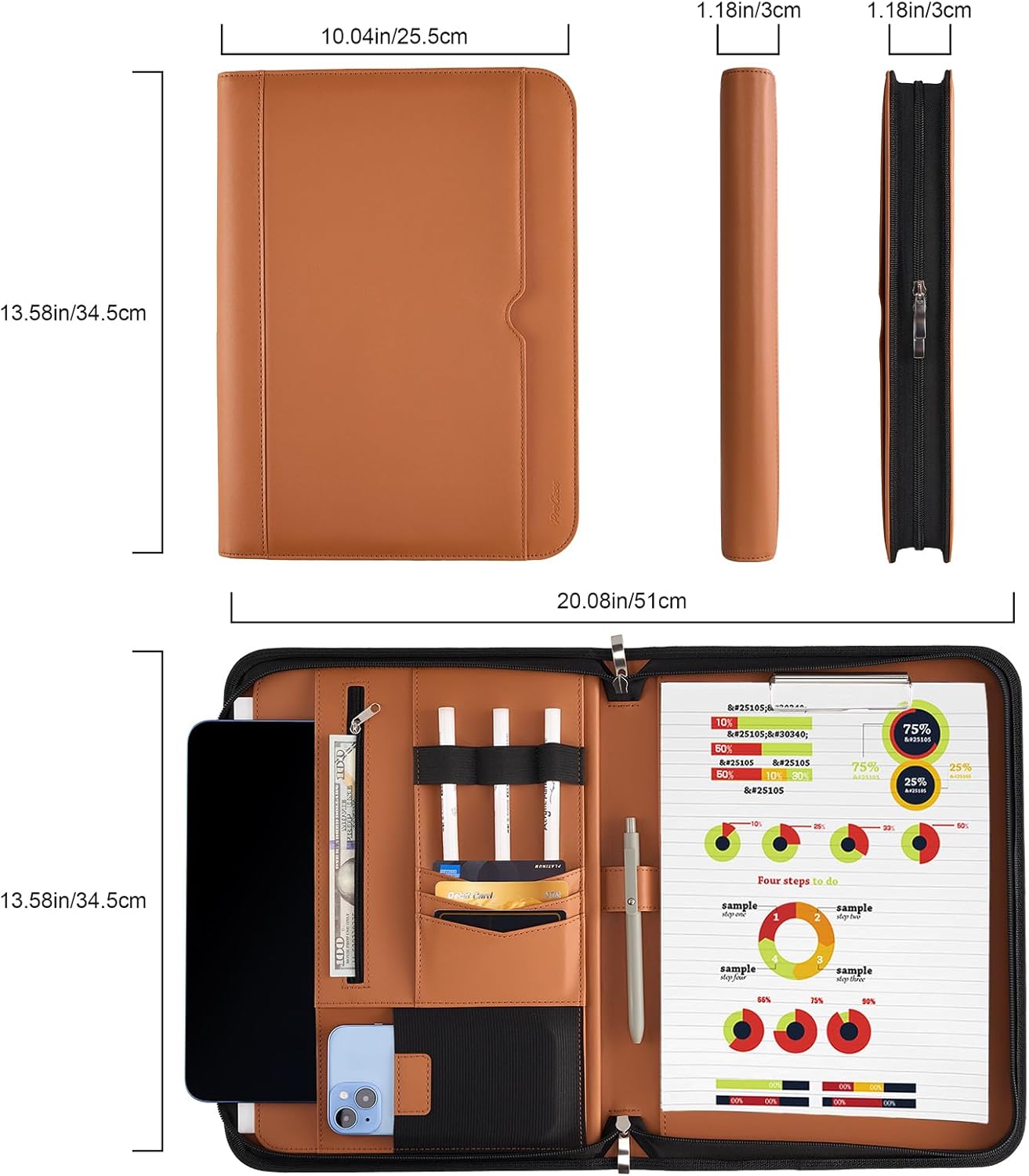 ProCase Portfolio Business Padfolio Folder with Zipper, Conference Meeting Executive File Legal Document Organizer with Pockets Letter Size A4 Writing Pad Notepad Padfolio -Black