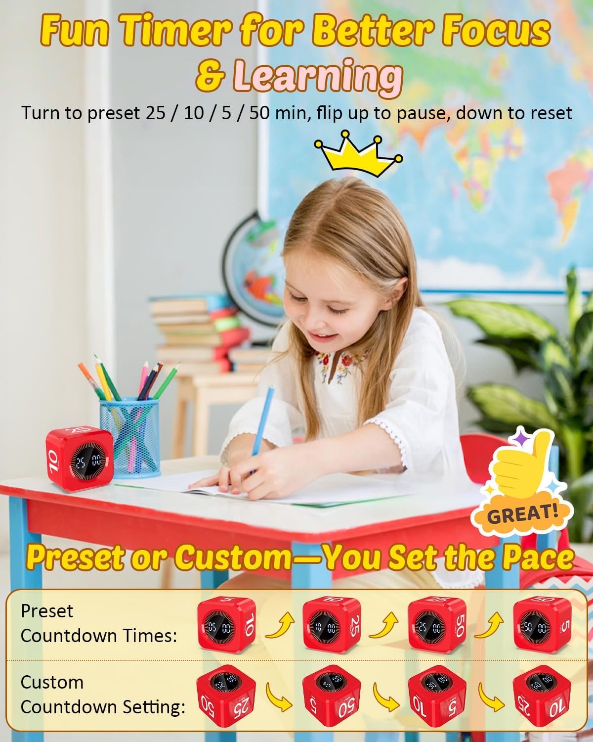 Digital Pomodoro Timer Cube 5/10/25/50min, Visual Productivity Flip Timer for Kids Classroom Desk, Custom Countdown, Silent and Sound Mode for ADHD Study Work Game Kitchen (Pink)