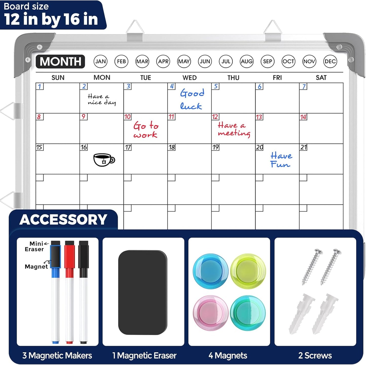 MaxGear Monthly Calendar Dry Erase Board for Wall, 16"x12" Small Hanging Double-Sided White Board, Portable Whiteboard for Planning, Drawing, Memo, to Do List, School, Home, Kitchen, Office