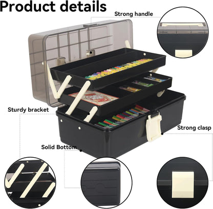 WEWLINE 13-Inch Art Storage Box 3-Layers Plastic Storage Box with Handle Craft Art Bin Portable for Home School Office Travel, Black