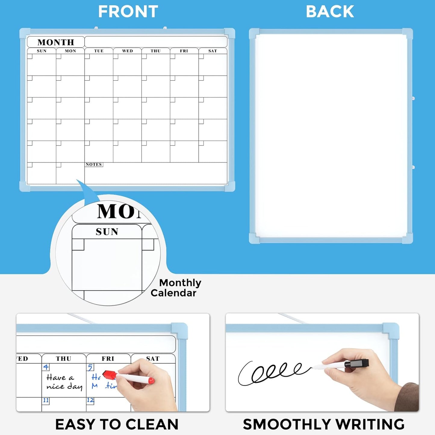 MaxGear Monthly Calendar Dry Erase Board for Wall, 16"x12" Small Hanging Double-Sided White Board, Portable Whiteboard for Planning, Drawing, Memo, to Do List, School, Home, Kitchen, Office