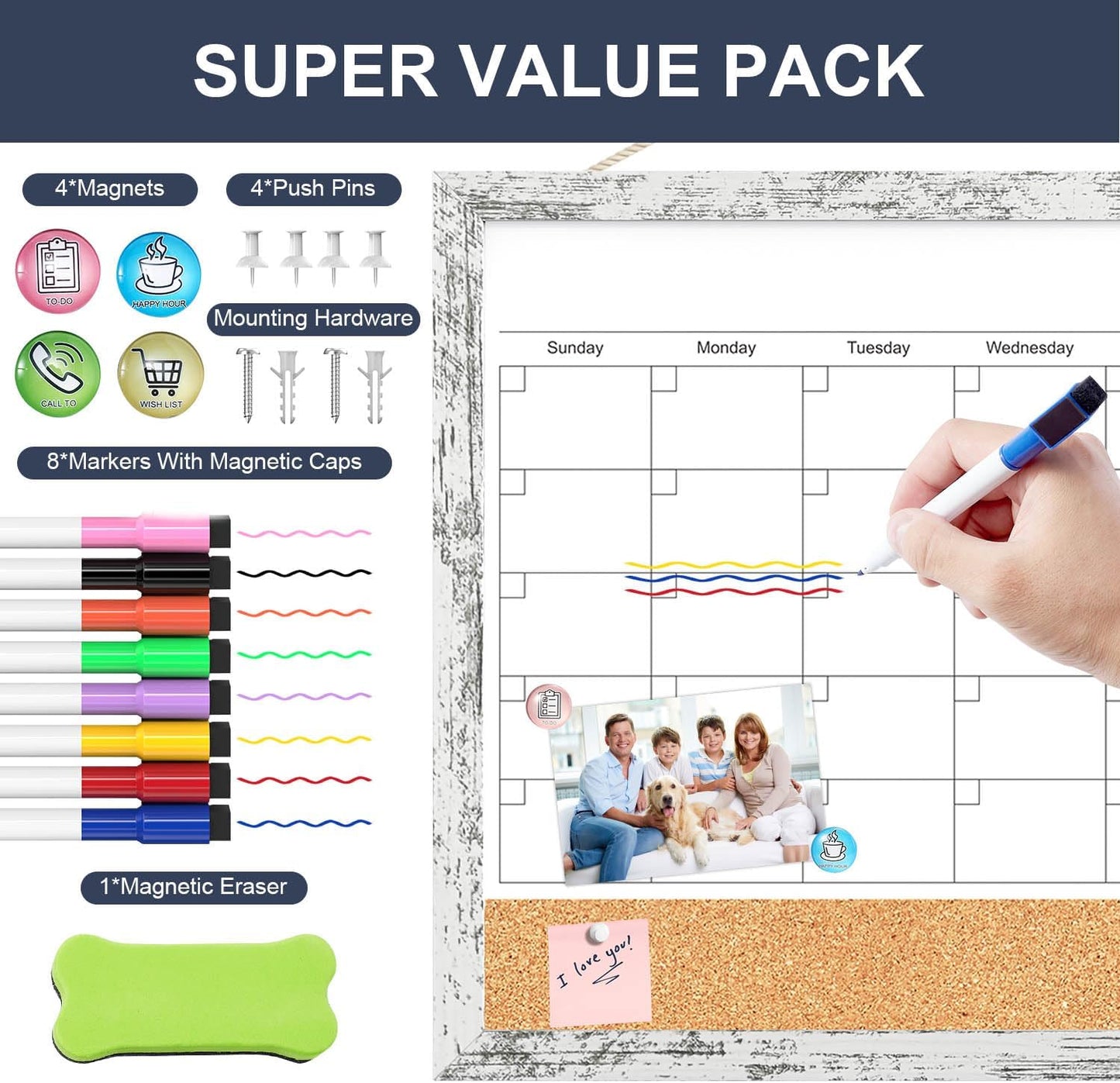 Calendar Whiteboard for Wall, TANKEE 17x13 Inches Whiteboard Calendar Cork Board Combo, Small Magnetic White Board with Wood Framed, Hanging Dry Erase Board for Kitchen Home Office School Planner