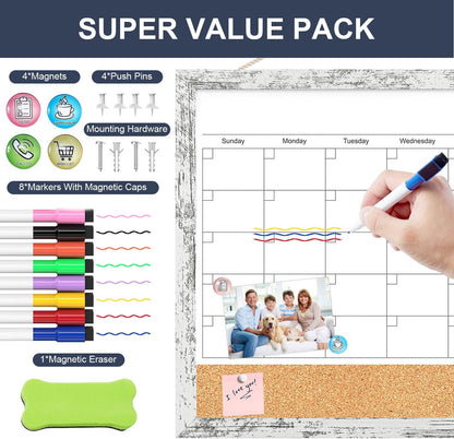 Calendar Whiteboard for Wall, TANKEE 17x13 Inches Whiteboard Calendar Cork Board Combo, Small Magnetic White Board with Wood Framed, Hanging Dry Erase Board for Kitchen Home Office School Planner