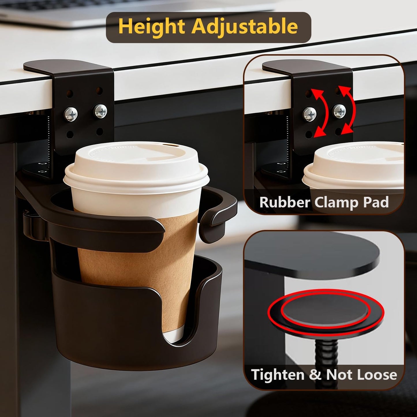 Desk Cup Holder Clip On 360° Rotating Clamp,Deeper Anti-Spill Drink Holders for Water Bottles & Coffee Mugs,Adjustable Clamp Fits Screw On Table for Drinks,Office,Gaming Desk,Home,Black