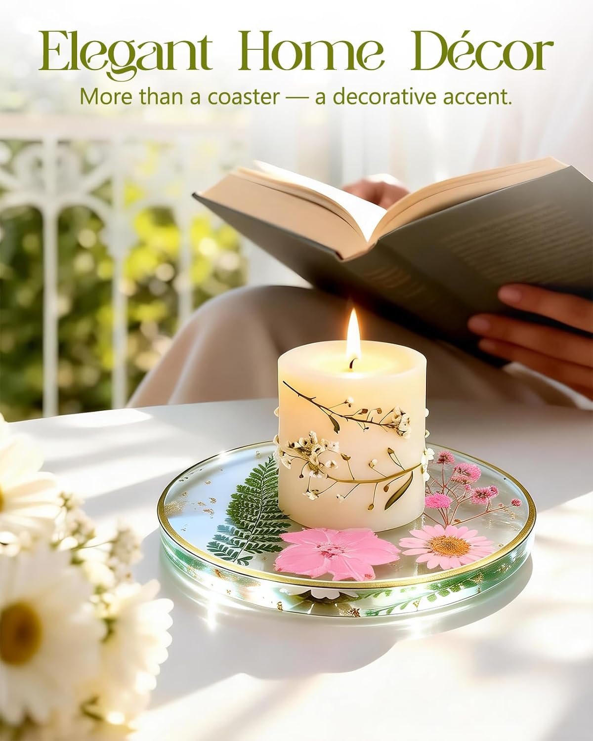 Oqplog Resin Drink Coaster for Desk Coffee Table-White Cute Dried Flowers Cup Coaster for Work Office Home Outdoor Decor Gifts for Girls Women,1 Pcs