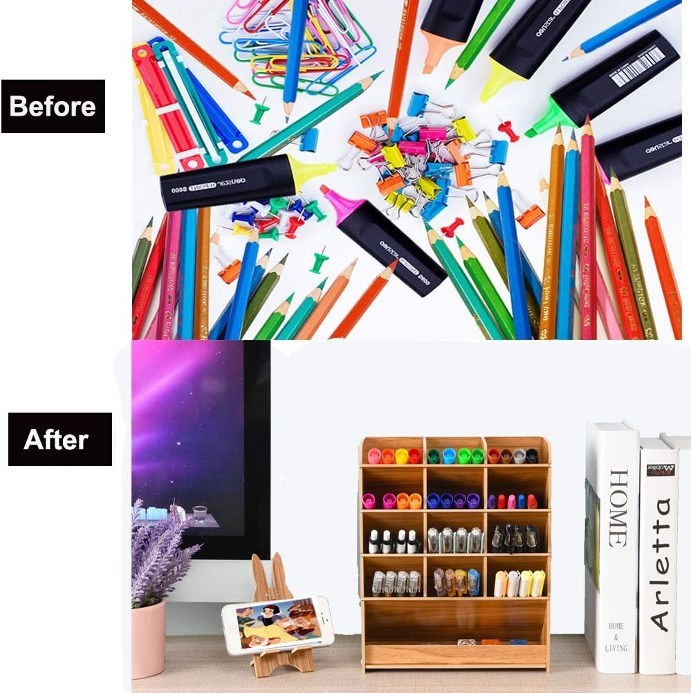 Marbrasse Wooden Desk Stationary Organizer, Multi-Functional Pen Holder, Storage Rack for School Home Office Art Supplie (B16-Cherry Color)