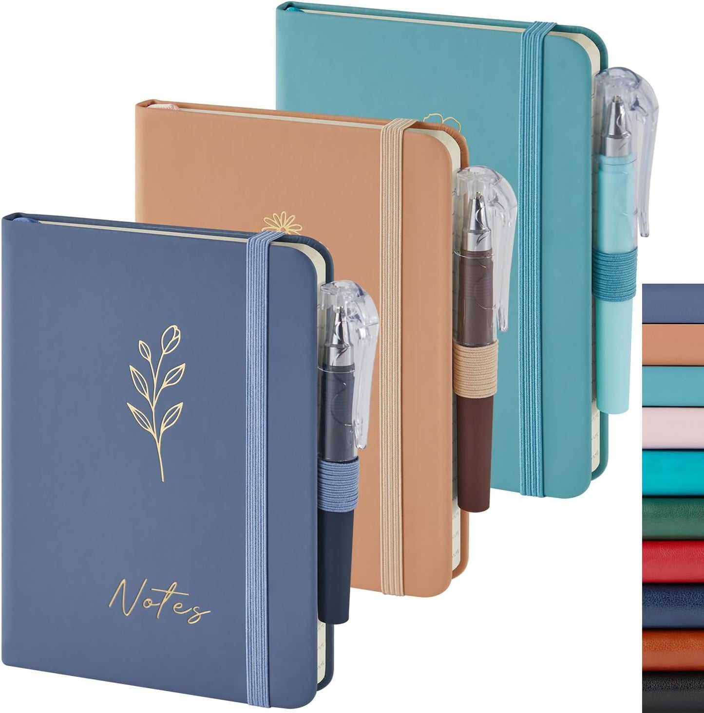 NIRMIRO 3 Pack Pocket Notebook Journals, Small Notepad Notebooks for Note Taking, A6 Mini Note pads with Pen Holder, 408 Lined Pages, 3.7" x 5.7", Black, Brown, Blue