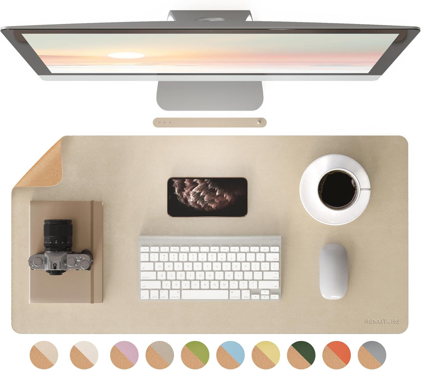 RENMTURE Desk Pad, Cork & PU Leather Desk Mat, Large Mouse pad, Non-Slip Desk Protector and Blotter, Waterproof Writing Pad, Desk Accessories and Organizers for Home Office (Light Yellow, 32"x16")