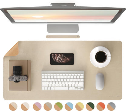 RENMTURE Desk Pad, Cork & PU Leather Desk Mat, Large Mouse pad, Non-Slip Desk Protector and Blotter, Waterproof Writing Pad, Desk Accessories and Organizers for Home Office (Light Yellow, 32"x16")