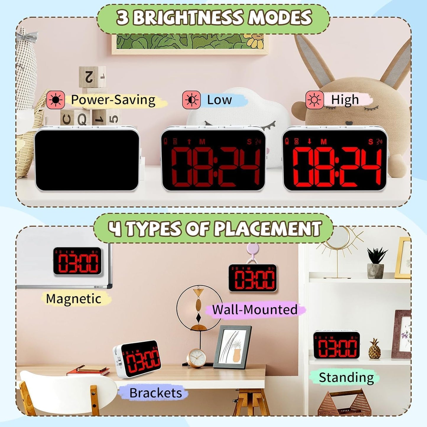 PERSUPER Kitchen Digital Timer, Count Down Up, Rechargeable, Vibration Mode Adjustable Volume and Brightness LED Display, Time Management Cook, Desk, Kids Adults Study Teaching, Kitchen Gadgets RGB