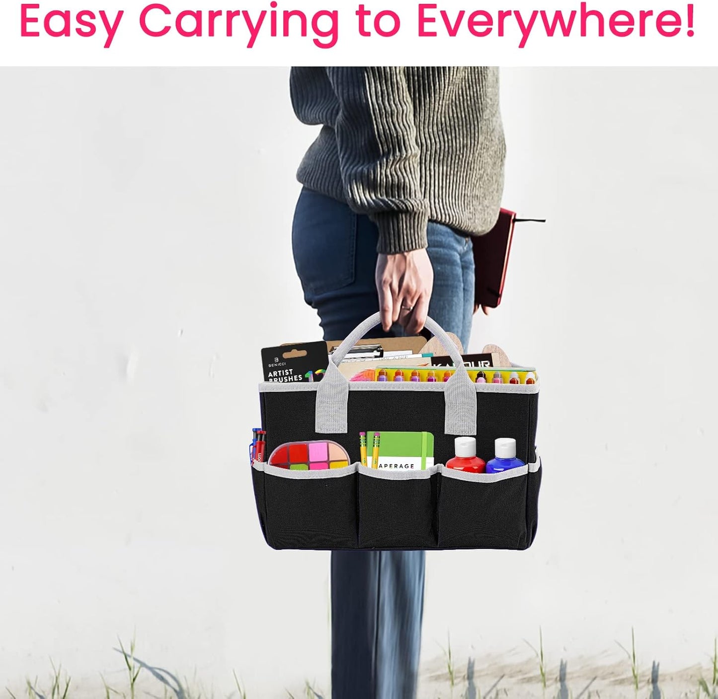 Desktop Tote and Stock Organizer, Teacher Helper Tote Bag Organization for Arts, Books, Stationery, Office Desk Organizer, Make-up Storage Tote with Handles for Travel, Black-Gray