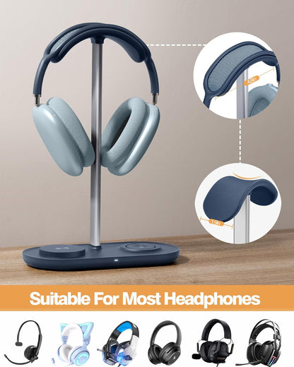 HiWe 4-in-1 RGB Gaming Headphone Stand with Dual Controller Holder, Wireless Charger for iPhone/Apple Watch, USB-A & USB-C Outputs, Adapter Included, Black