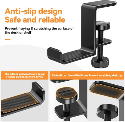 Headphone Hanger Holder Stand-Under Desk Headphone Hanger， Headset Hook Holder Space-Saving Aluminum Stand with Universal Fit for Gaming PC Accessories (Black-1PCS)