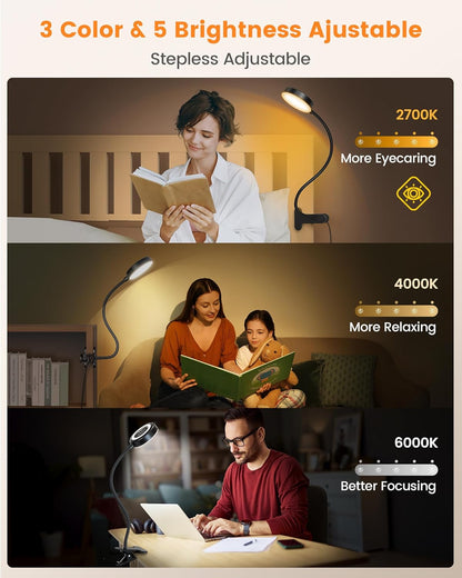 Glocusent 72 LED Clip on Lamp with Remote, Reading Light with Amber Ring, 3 Colors & 5 Dimmable Bed Lamp, 30/60-Min Auto Off Timer, Clamp Light for Headboard/Dorm/Bunk (Black)
