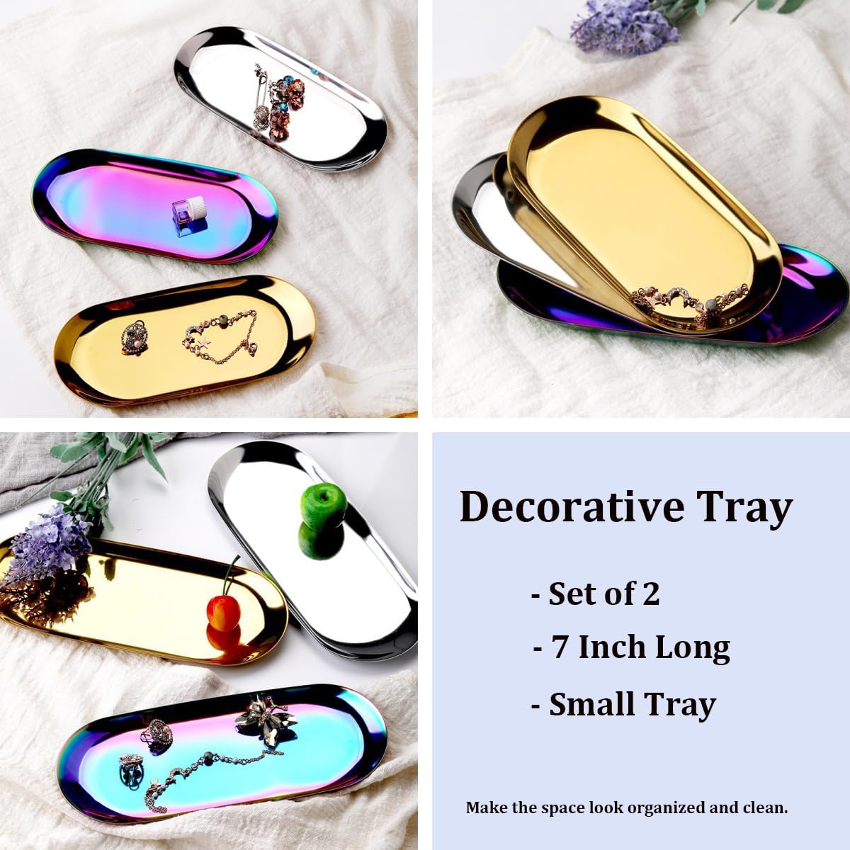 Stainless Steel Decorative Tray, Set of 2, 7 Inch Long, Jewelry Dish Cosmetics Organizer Bathroom Clutter Serving Platter Small Storage Tray, Oval, Matte Black
