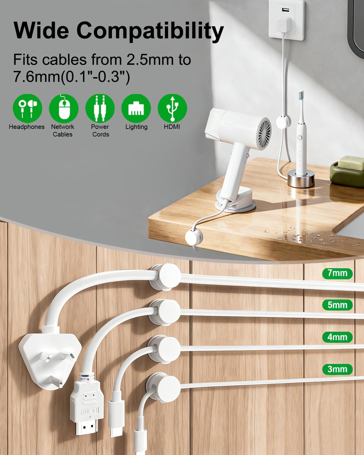 OneLeaf 12 Pack 360° Rotatable Spring Cable Clips[1s Lock], Adhesive Cord Holder for Nightstand, Phone Charger Cord Holder for Desk Home Office Car Game Station