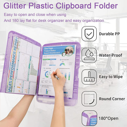 Glitter Clipboard with Storage,Storage Clipboard with Pen Holder,A4 Binder Clip Boards 8.5x11 with Low Profile Clip,Side Opening Sparkle Clipboards, Clipboards Folder for Office Supplies-Starry Black