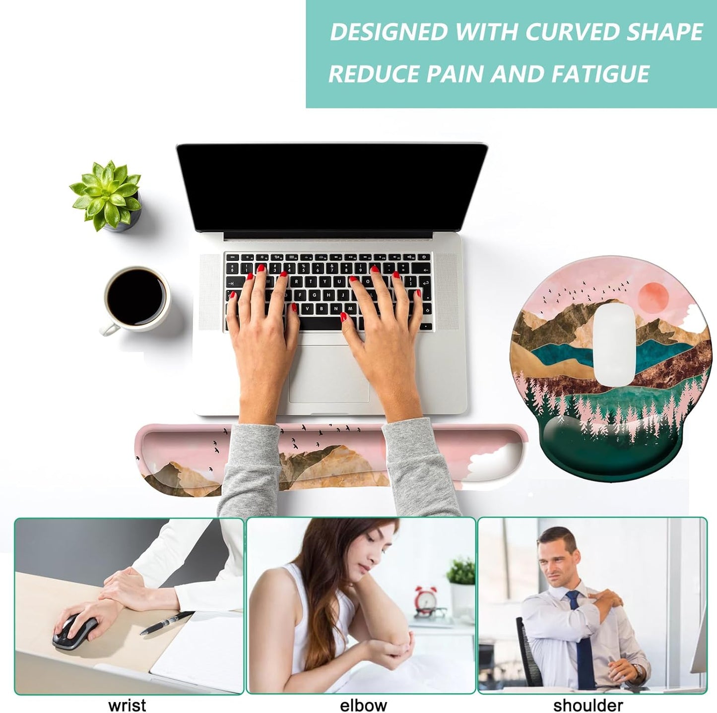 Keyboard Wrist Rest Pad Mouse Pad with Wrist Support Set of 3, Mousepad with Non-Slip Rubber Base, Ergonomic Memory Foam Mouse Wrist Cushion Support for Home Office Laptop Computer Gaming, Forest