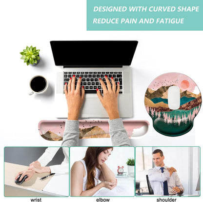 Keyboard Wrist Rest Pad Mouse Pad with Wrist Support Set of 3, Mousepad with Non-Slip Rubber Base, Ergonomic Memory Foam Mouse Wrist Cushion Support for Home Office Laptop Computer Gaming, Forest