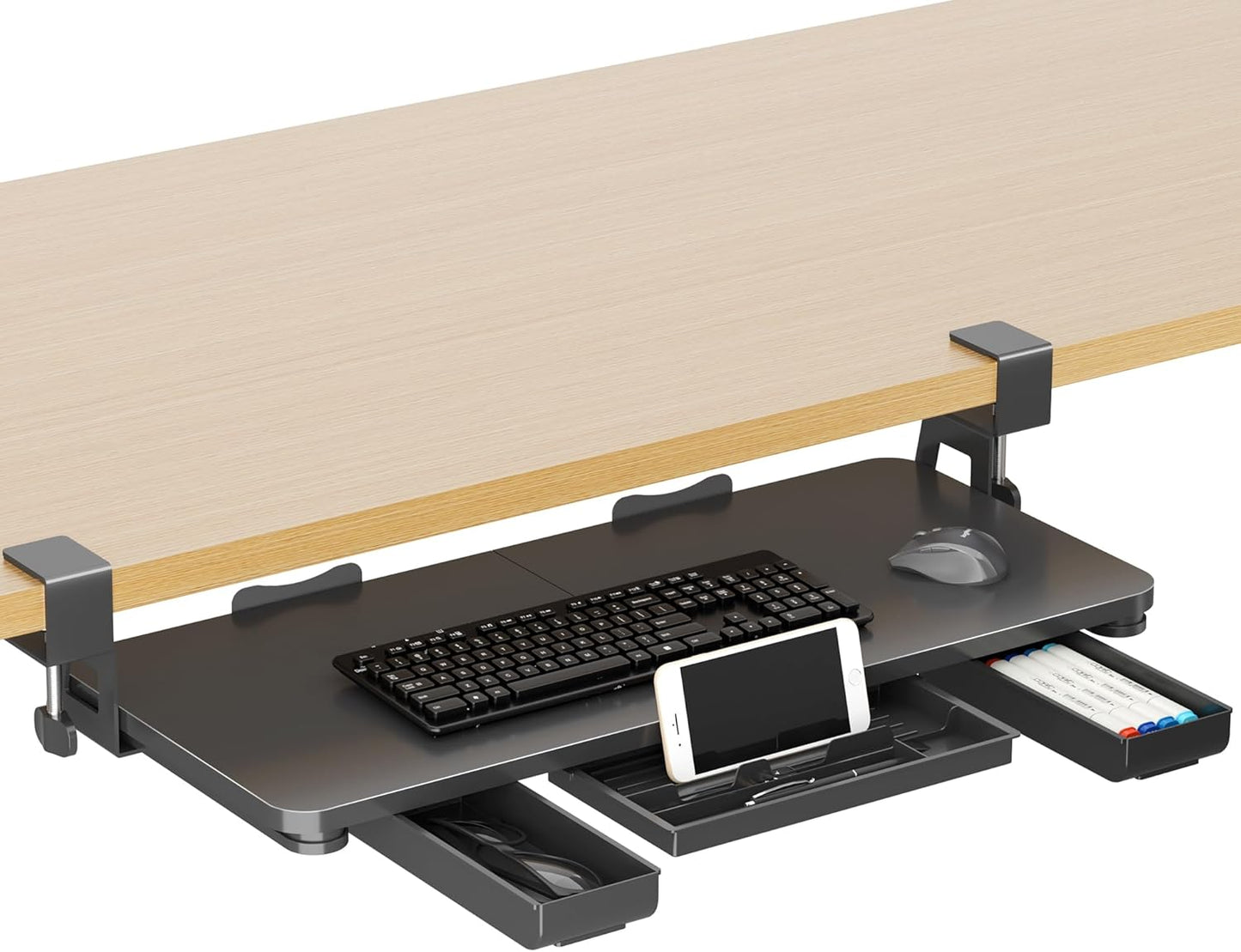 XINLEI Keyboard Tray Under Desk Large C-Clamp 25.6” (30” Including Clamps) x 11.8” Slide-Out Platform Computer Drawer Pull Out Keyboard & Mouse Tray Black DSF4