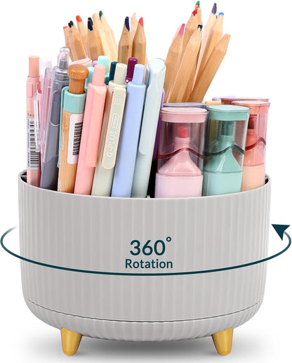 KONVINIT Pencil Pen Holder for Desk, 5 Slots 360 - Degree Rotating Desktop Organizer, Cute Desk Organizers and Accessories for School, Home, Office and Art Supply, Black
